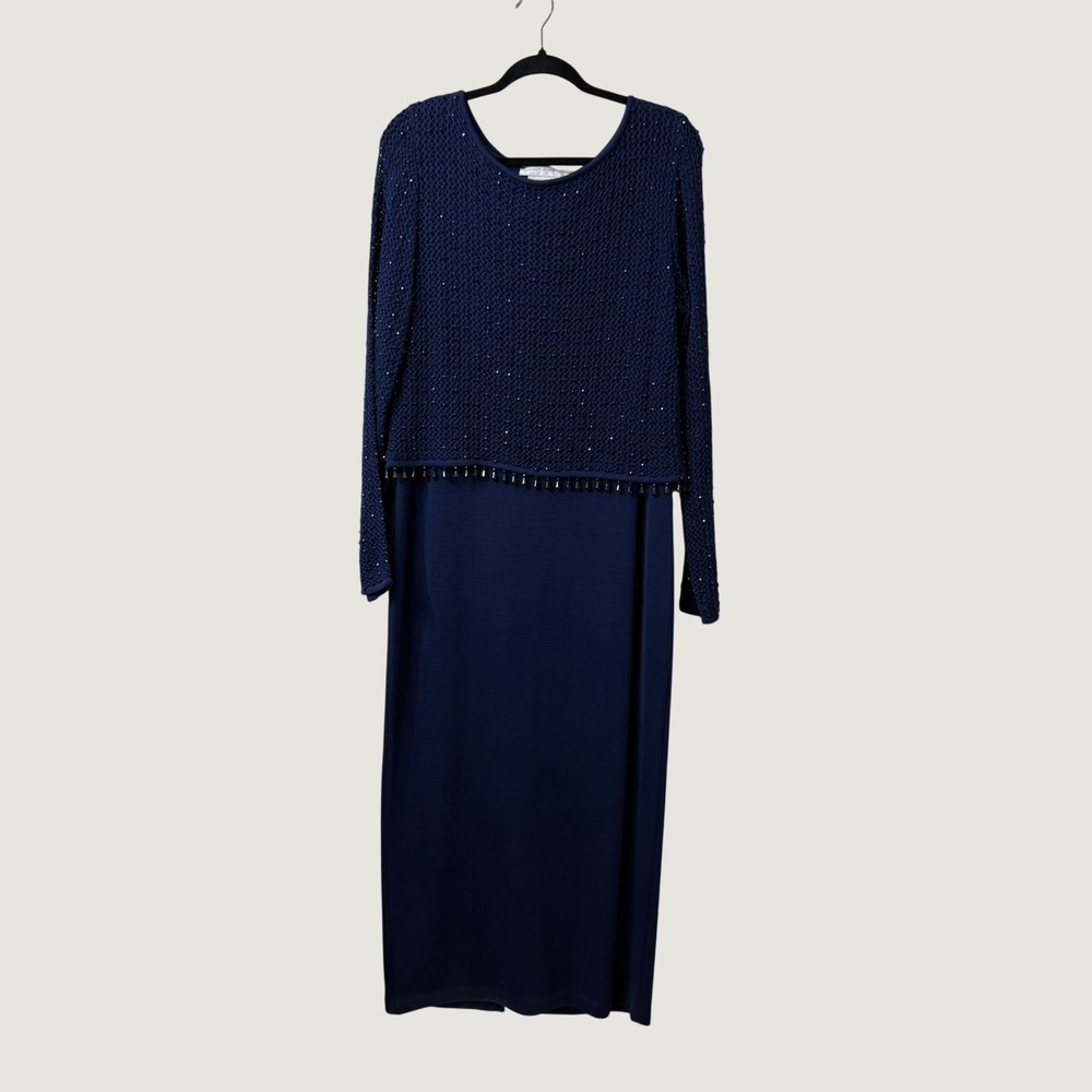 Maggy London Beaded Crochet Maxi Dress Navy Blue Size M Vintage Elegant Evening